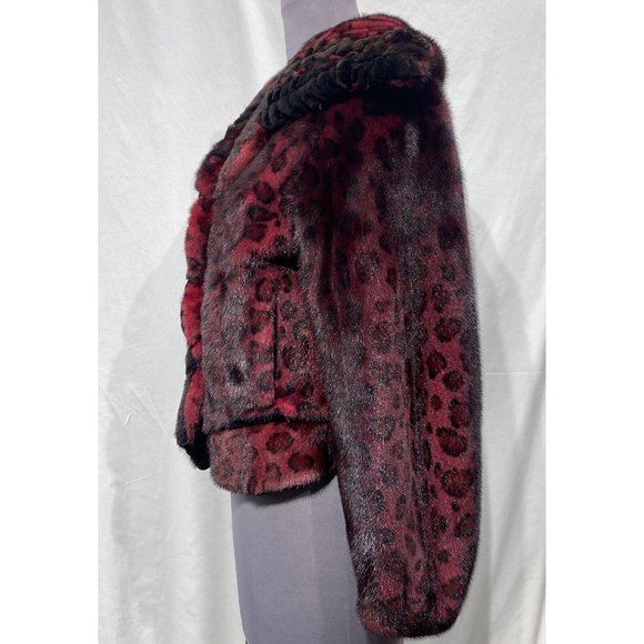 burgundy/ red mink dyed jacket print pattern sheared mink trim (62161) - Picture 2 of 3